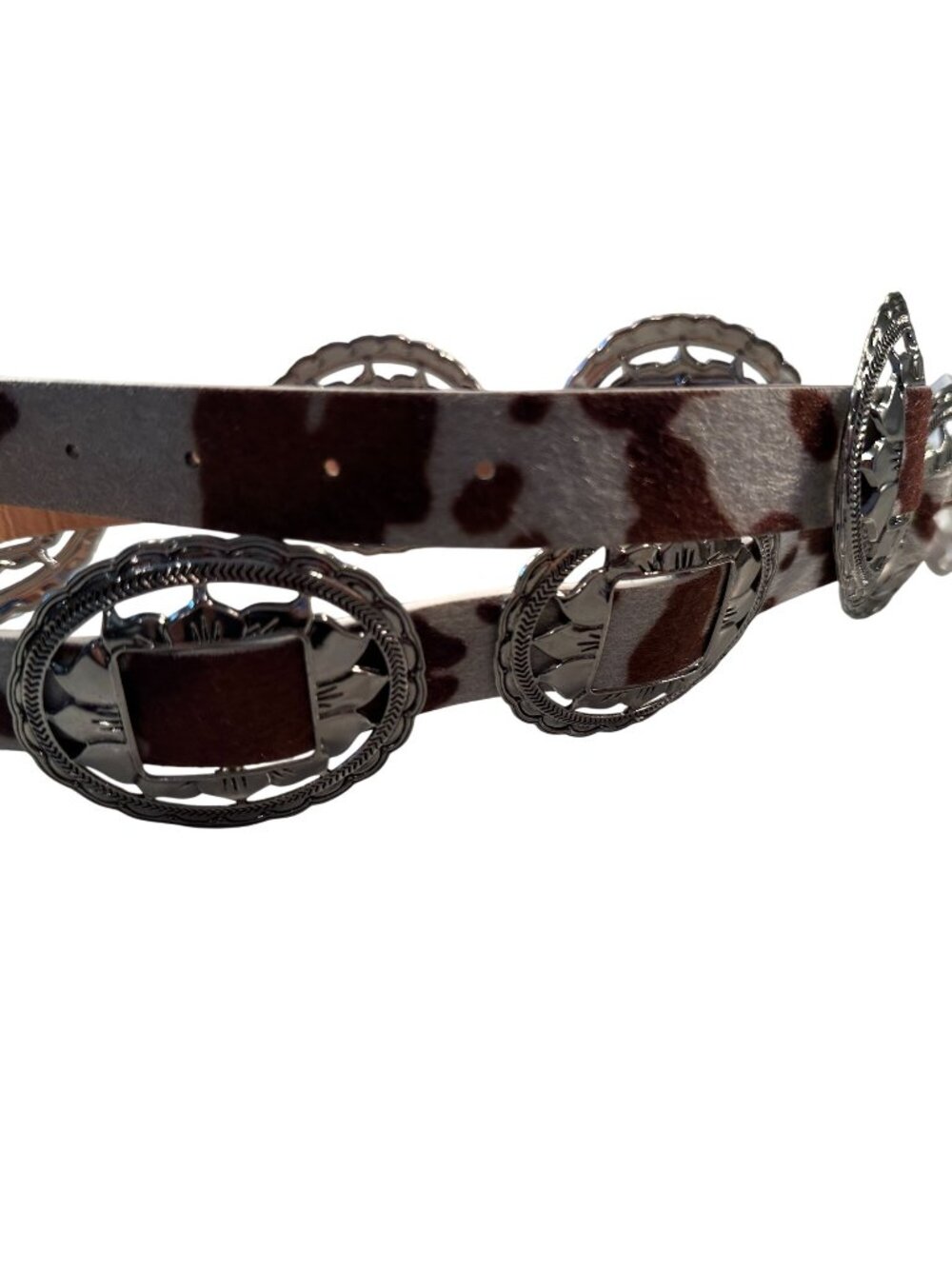 Haute Hippie Style Cow Print Concho Western Statement Belt Leather Boho Silver